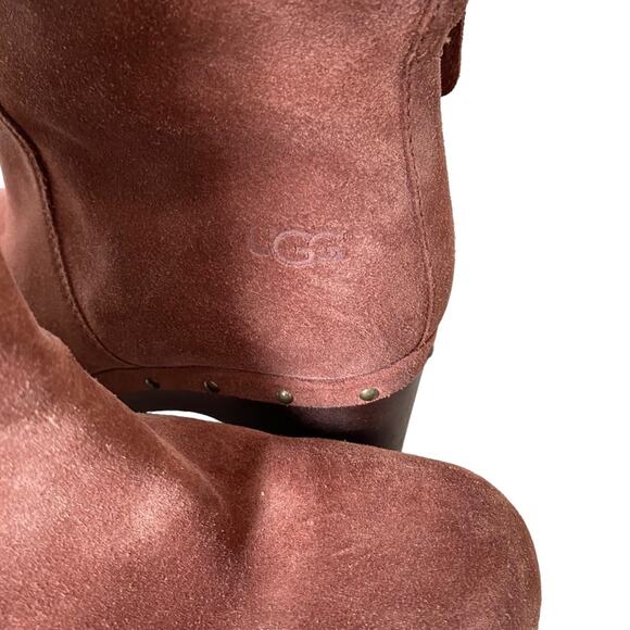 UGG Lynnea Chestnut Brown Suede Leather Shearling Wooden Heel Ankle Boots size 7 - Picture 6 of 11